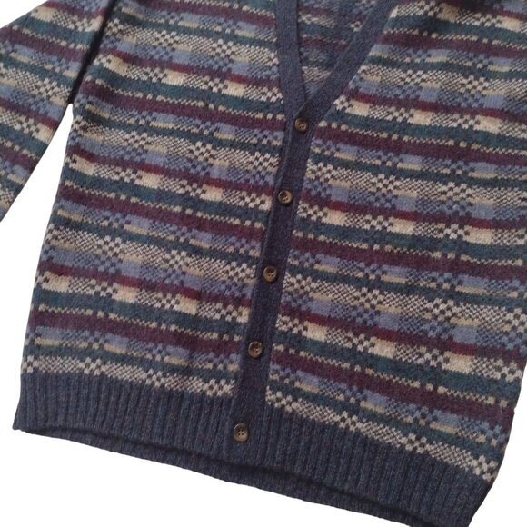 Vintage 90s Fair Isle Mens Shetland Wool Sweater M Blue Grandpa Cardigan - Picture 3 of 10